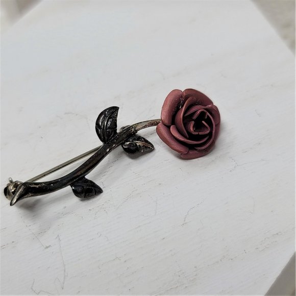 Delicate Sterling Silver Red Rose Pin Brooch Marked 925 Vintage - Picture 1 of 7